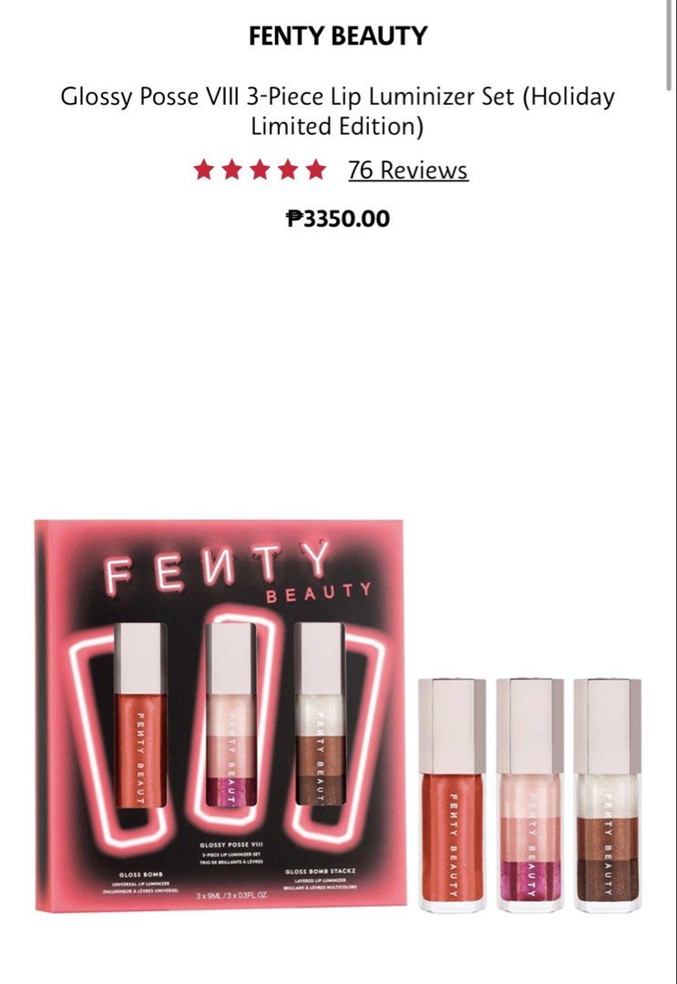 Fenty gloss bomb (shade: sugar plumz) (Category: Makeup) located in Quezon City. Submitted by nineties.rack (Listing ID 1460378937, Image 3). Description: Brandnew Guaranteed authentic- from Sephora Selling the middle one (Sugar plumz) only .