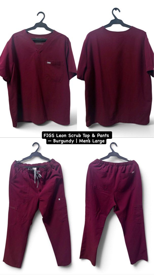 FIGS Leon Scrub Top & Pants (Category: Activewear) located in Caloocan City. Submitted by joshuangeles.21 (Listing ID 1460486566, Image 1). Description: FIGS scrubs for MEN (Burgundy) Color: Burgundy Size: Leon Scrub Top (Large) & Cairo Straight-Leg Pants (Medium) Original price: 4700 pesos Selling price: 3500 ONLY Wala pang 5x nasuot bagong bago RFS: Declutterring .
