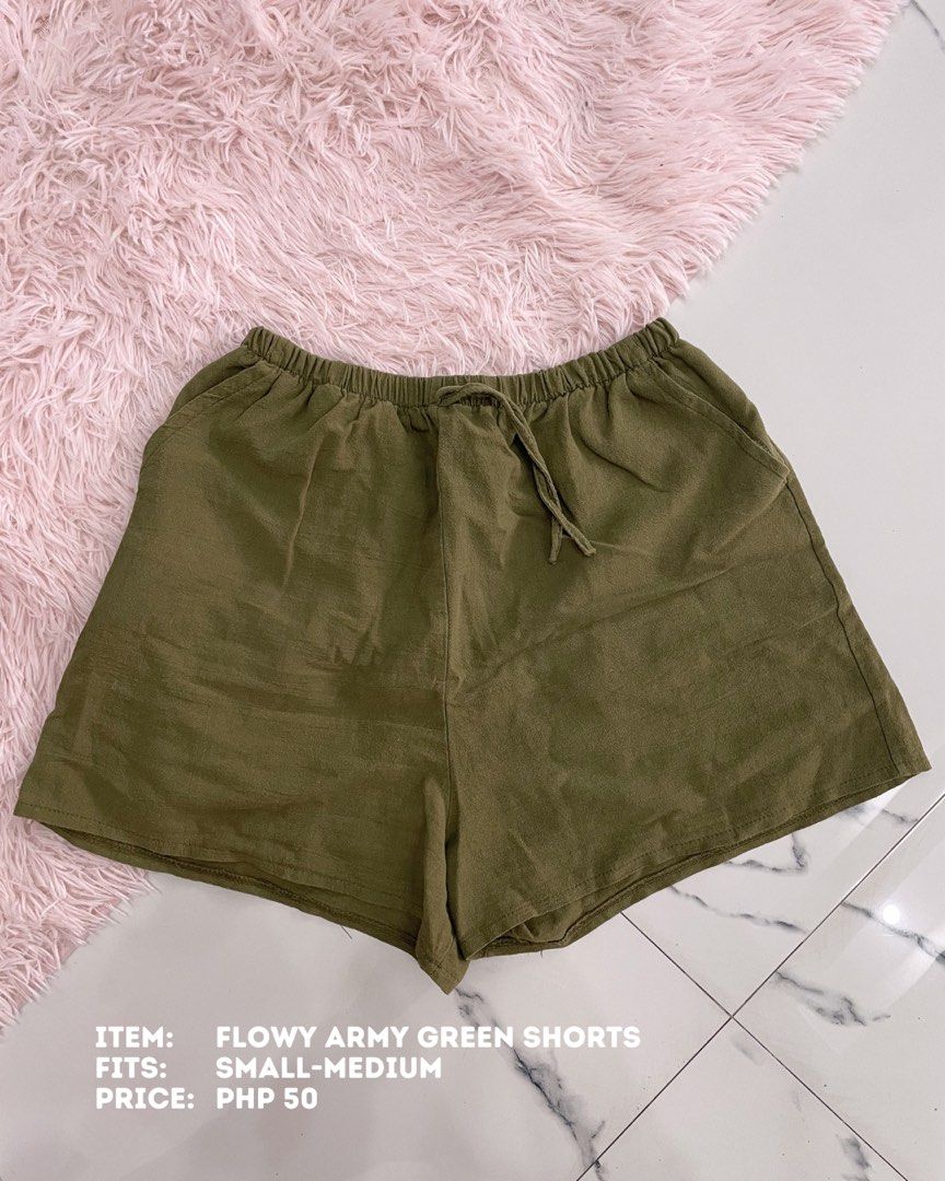 Flowy Army Green Shorts - Small-Medium (Category: Shorts) located in Batangas. Submitted by shop.aalley (Listing ID 1460335678, Image 1). Description: - Army green flowy shorts - Elastic waistband with drawstring - Two side pockets - Comfortable and casual - Fits small to medium sizes - Ideal for everyday wear.