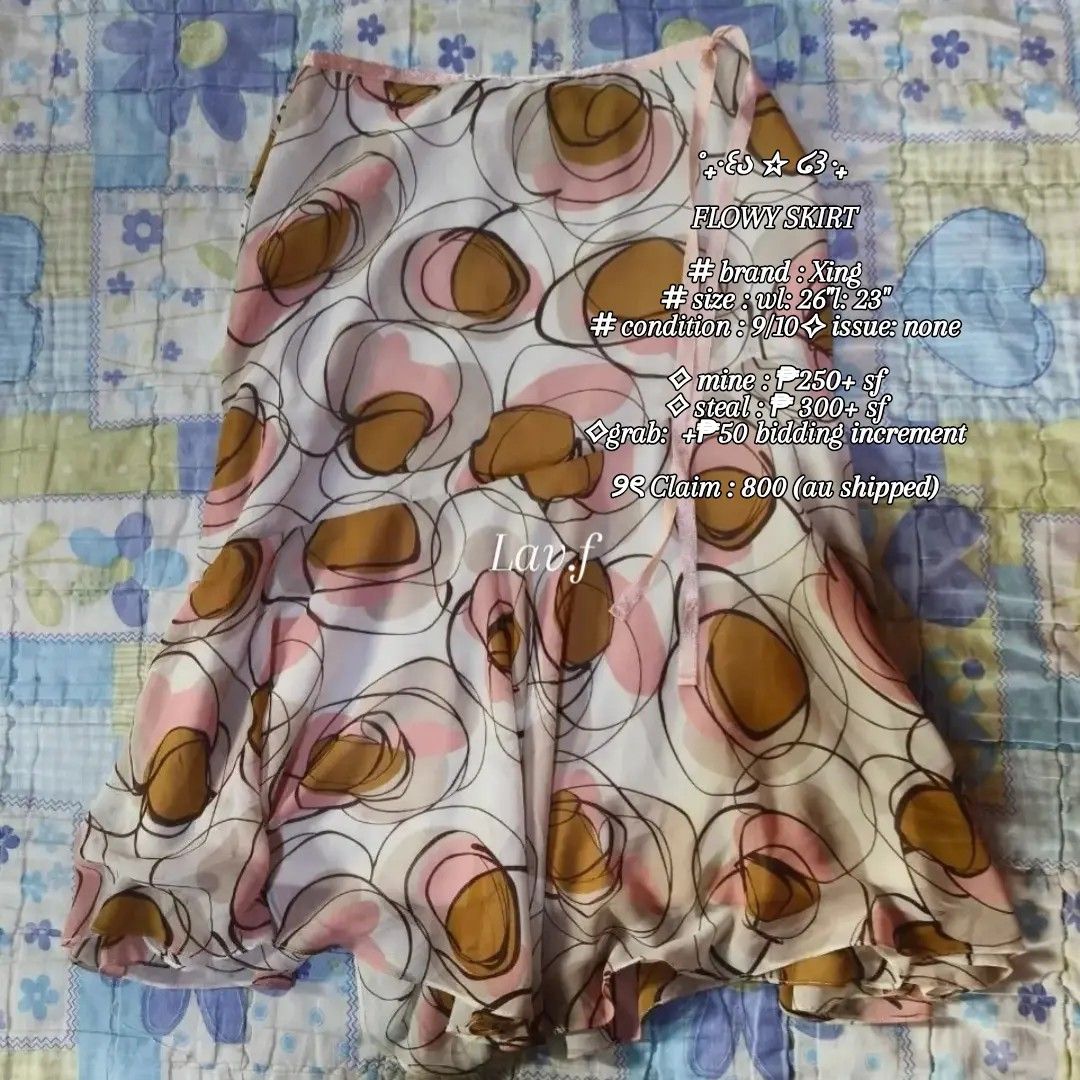 FLOWY FAIRY MIDI SKIRT (Category: Skirts) located in Davao. Submitted by lavinia.finds (Listing ID 1460446443, Image 1). Description: ⟡ mine : ₱250+ sf ❌️miss jen in FB ⟡ steal : ₱ 300 + sf ⟡grab: +₱20 bidding increment ୨ৎ Claim : 500 (au shipped) ♡ 𝑾𝑯𝑰𝑴𝑺𝒀 𝑪𝑶𝑳𝑳𝑬𝑪𝑻𝑰𝑶𝑵 𝟐 ♡ 🧚🏻‍♀️ 𝑬𝑵𝑫 𝑶𝑭 𝑩𝑰𝑫 September 11 [9:00 pm] 💳 𝑴𝑶𝑷 GCash 📦 𝑴𝑶𝑫 J&T Express 📍 𝑳𝒐𝒄𝒂𝒕𝒊𝒐𝒏 Davao City, Davao del Sur ♡ Shipping fee is shouldere
