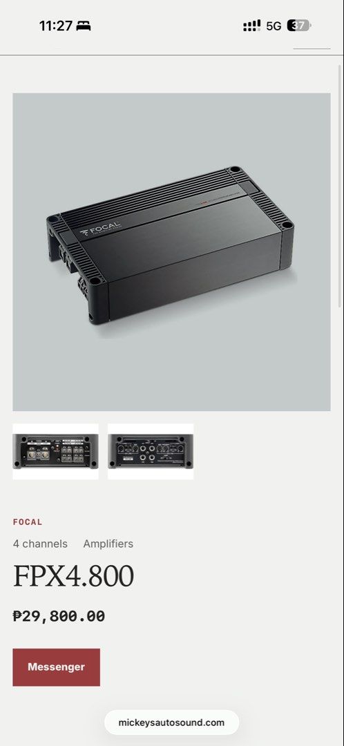 Focal FPX4.800 4-Channel Amplifier (Category: Other Automotive Parts and Accessories) located in Manila. Submitted by rudysfarinas (Listing ID 1460392516, Image 2). Description: - Focal FPX4.800 4-channel amplifier - Compact and powerful design - Output: 4 x 120 Watts RMS at 4 ohms - Flexible operation: 4/3/2 channel modes - Features active filtering - Ideal for car audio system upgrades - Please check photos for detailed condition.
