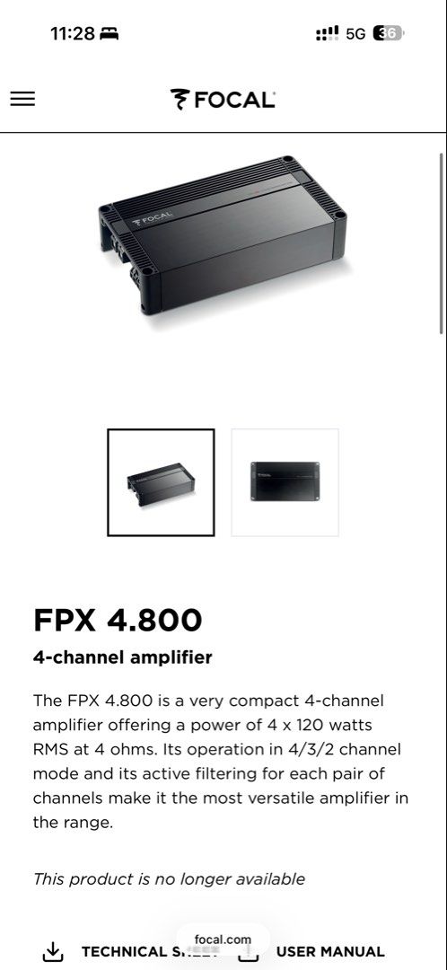 Focal FPX4.800 4-Channel Amplifier (Category: Other Automotive Parts and Accessories) located in Manila. Submitted by rudysfarinas (Listing ID 1460392516, Image 3). Description: - Focal FPX4.800 4-channel amplifier - Compact and powerful design - Output: 4 x 120 Watts RMS at 4 ohms - Flexible operation: 4/3/2 channel modes - Features active filtering - Ideal for car audio system upgrades - Please check photos for detailed condition.