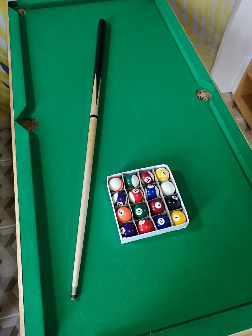 Freestanding Mini Wooden Billiard Table (Category: Billiards and Bowling) located in Santa Cruz. Submitted by jmy_surplus.2 (Listing ID 1460455469, Image 3). Description: Size ; L - 28 W - 48 H - 24 Color ; Green Type ; Billiard table Brand ; No brand Material ; Wood Style ; Green Felt Surface Billiard Table JMA JMY 5 Batch #218.