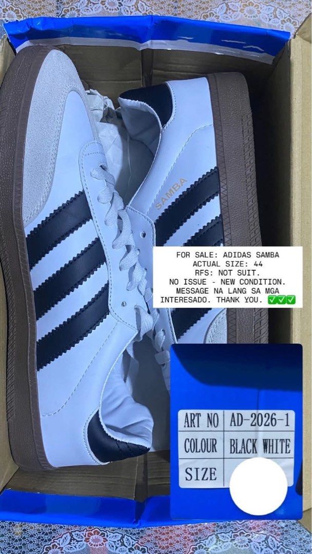 FS: ADIDAS SAMBA (WITH BOX) (Category: Casual Shoes) located in Santa Rosa. Submitted by sagittarius1531 (Listing ID 1460323114, Image 1). Description: FS: ADIDAS SAMBA (WITH BOX) 350 NEGOTIABLE. ACTUAL SIZE: 44. RFS: NOT SUIT. NO ISSUE — NEW CONDITION. MESSAGE NA LANG PO SA MGA INTERESADO. THANK YOU. ✅✅✅.