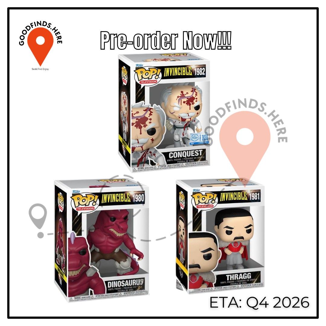 Funko: Invincible Preorder (Category: Designer & Blind Box Toys) located in Pasig City. Submitted by goodfinds.here (Listing ID 1460421518, Image 1). Description: ❗Funko: Invincible Preorder❗ ▪️Thragg ▪️Dinosaurus ₱800 each / DP: 400 each ▪️Conquest Amazon Exclusive ₱1,400 / DP: 700 ETA: Q4 2026 (subject for DELAY or to change without prior notice) ❗For Pre-order ONLY, No extra available❗ DOWNPAYMENT is required to RESERVE SLOT/S once order is co