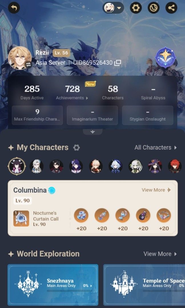 Genshin account (Category: Others) located in Davao. Submitted by myphei (Listing ID 1460484500, Image 1). Description: Selling my main account AR56 fml Set all Changeable email Columbina with sig(well-built) Neuvillete c1 with sig(well-built Shogun c1 with sig(well-built) Kazuha with sig(decent build) Wriothesly Furina Nahida Varka Xianyun Diluc Jean Tighnari Qiqi Mizuki c1 Keqing Dehya Mona c1 2 Amos Bow Huge area of exploration MoP: Gcash/Maya