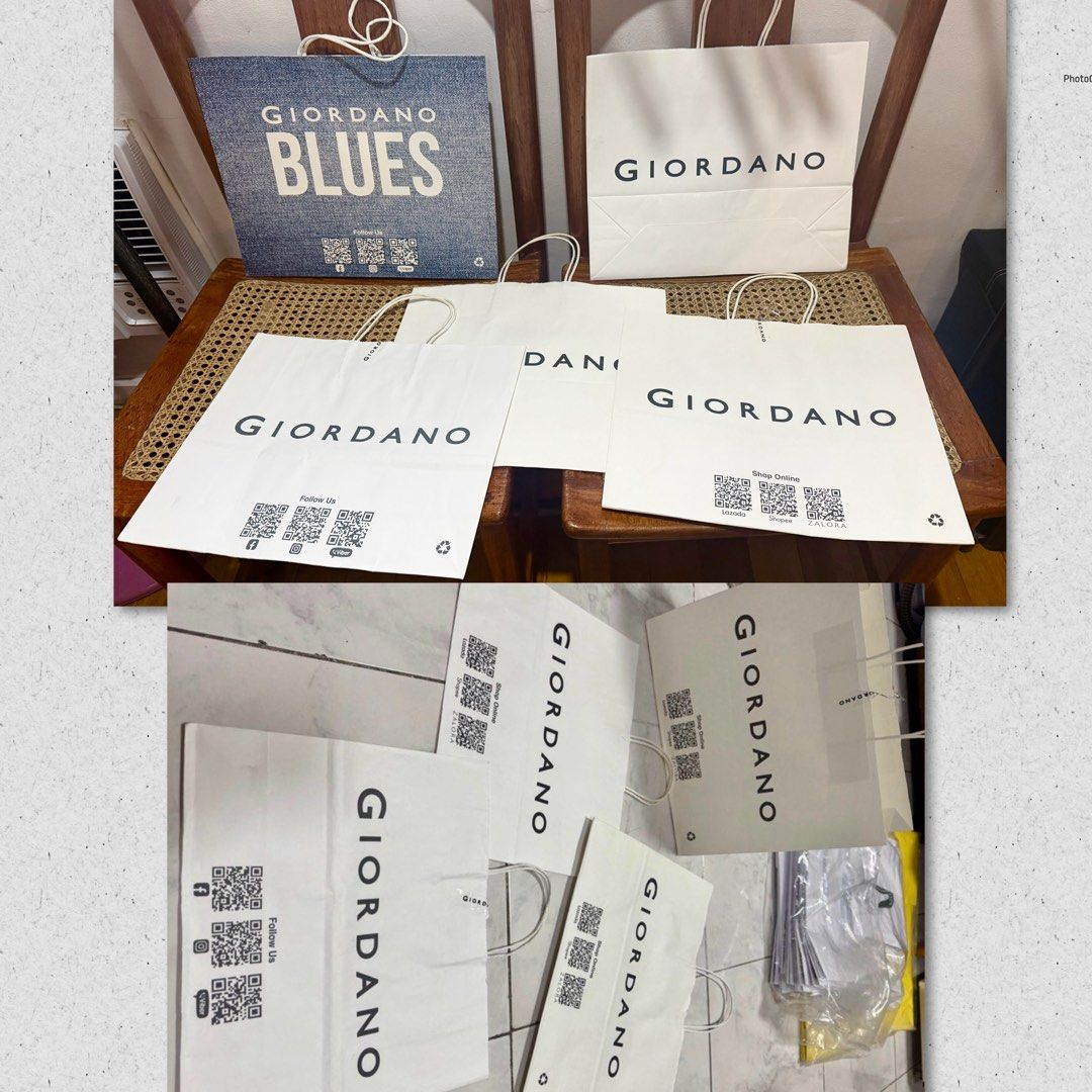 Giordano Paper Bags Large (Category: Tote Bags) located in Paranaque City. Submitted by crew08 (Listing ID 1460309573, Image 1). Description: - Original Giordano shopping bags - NEW 1 blue denim-look 'Giordano Blues' bag - NEW white Giordano paper bags - feature 'Shop Online' and QR codes - Ideal for reuse, storage, or as gift bags -LxWxH 16x11.5x6 inches.