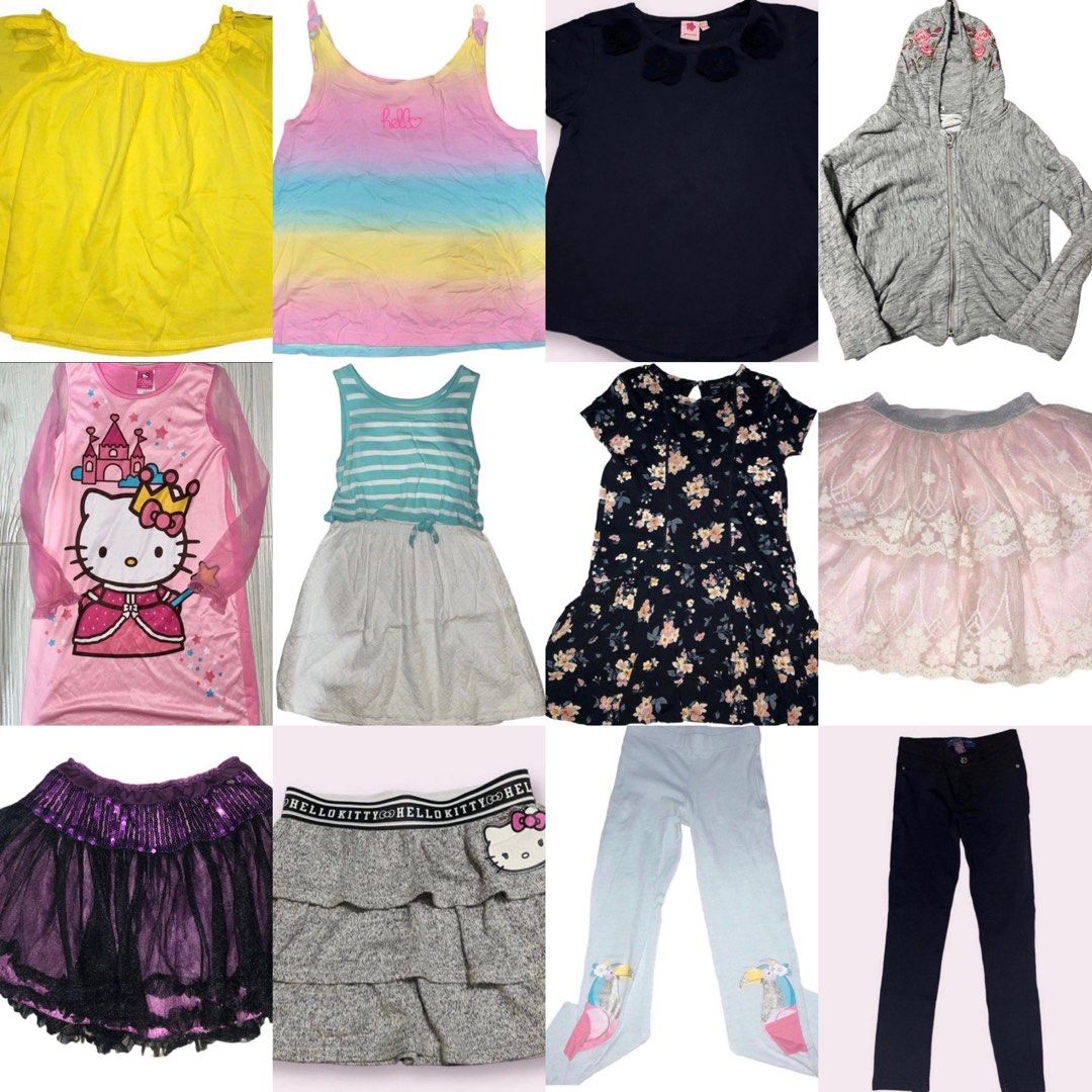 Girls' Clothes Bundle 6-8yo (Category: Babies & Kids Fashion) located in Rizal. Submitted by cassappl (Listing ID 1460460486, Image 1). Description: - Yellow top - Rainbow tank top - Navy t-shirt - Grey zip-up hoodie - Pink Kitty dress - Striped dress - Floral dress - Purple tutu skirt - Kitty skirt - Light blue leggings - Black skinny pants - Great mix for everyday wear and play.