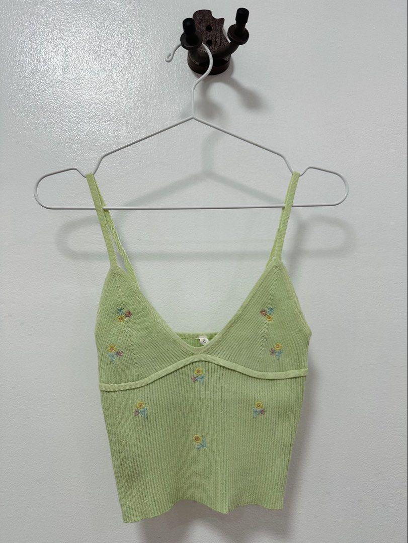 Y2K Green Floral Embroidered Top (Category: Sleeveless) located in Paranaque City. Submitted by kokoclosets (Listing ID 1460480273, Image 1). Description: Used twice only! Very cute and y2k! The straps were too long for me that’s why the straps at the back part are a bit squiggly bc I tied it into a knot to make it shorter😆.