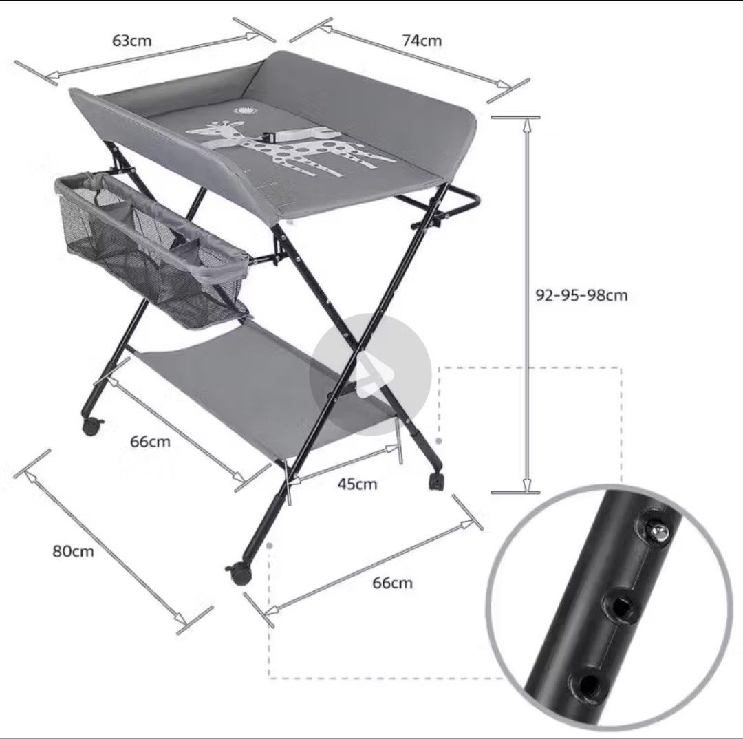 Changing table (Category: Changing Tables & Stations) located in Singapore. Submitted by toblessaway (Listing ID 1460469081, Image 3). Description: - Grey baby changing table - Padded top with cute giraffe design - Side mesh storage pockets - Lower storage shelf - Folds for easy storage - Wheels for convenient mobility - Dimensions available in the last photo.