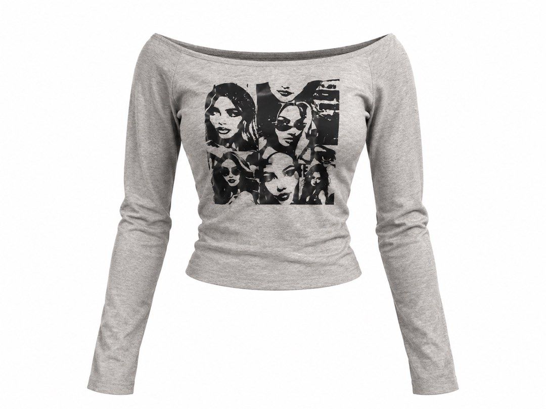 Grey Off-Shoulder Long Sleeve Top with Print (Category: Longsleeves) located in Manila. Submitted by fheiiyou (Listing ID 1460483229, Image 1). Description: - Grey long sleeve top - Off-shoulder neckline - Black and white collage print of faces on front - Soft and stretchy fabric - Snug, flattering fit - Perfect for an edgy, casual style.