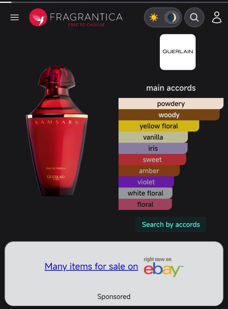 Guerlain Samsara EDP 30mL Vintage Formulation (Category: Fragrance & Deodorants) located in Manila. Submitted by wjjjsk (Listing ID 1460417712, Image 3). Description: Super Rare! Bought for 140 USD on eBay. Original Vintage Formulation With Mysore Sandalwood. Only 1 spray missing. The smell to me presents floral and has a hint of a woody old book smell. Accords according to fragrantica: Powdery, Woody, Yellow Floral, Vanilla, Iris, Sweet, Amber, 