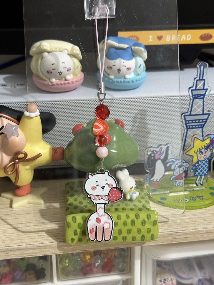 Handmade Chiikawa strawberry phone charm (Category: Handmade Craft) located in Cainta. Submitted by pomocha (Listing ID 1460434119, Image 1). Description: 🍀Please read before ordering🍀 🐹 Chiikawa - ₱70 AVAILABLE 🍎These charms are handmade by me 🍎When being delivered to you they will be packed with care with proper packaging (plastic and paper backing) for your charm 🫶 🍎There is usually no duplicates of each charm, so don't hesitate because