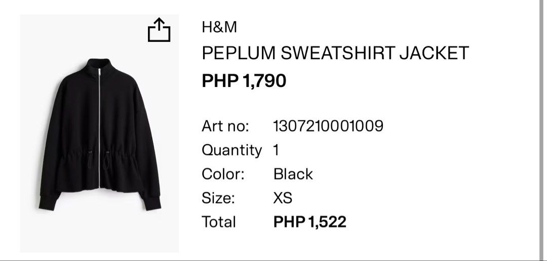 H&M Peplum Sweatshirt Jacket (Category: Coats, Jackets and Outerwear) located in Marikina City. Submitted by nicasandoval (Listing ID 1460360004, Image 3). Description: used once only.