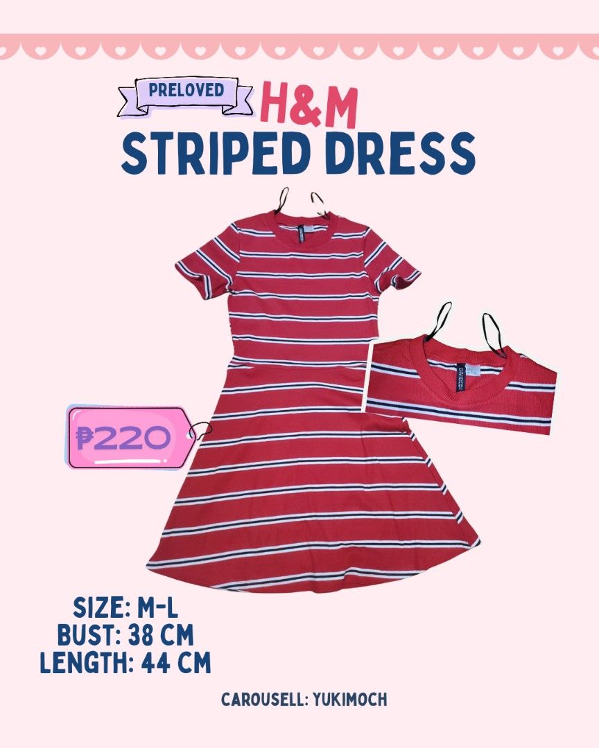 H&M Red Striped Dress (Category: Dresses) located in Manila. Submitted by yukimoch (Listing ID 1460328229, Image 1). Description: - Preloved H&M striped dress - Color: Red with white and navy stripes - Size: Medium to Large (M-L) - Measurements: Bust 38 cm, Length 44 cm - Ideal for casual wear.