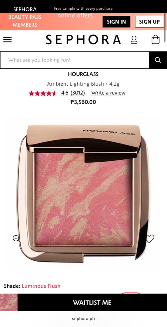 Hourglass Ambient Blush - Luminous Flush (Category: Makeup) located in Quezon City. Submitted by themakeupavenueph (Listing ID 1460462365, Image 2). Description: — 2,250 onlyyy ✨ Hourglass Ambient Blush Brandnew with box Shade - Luminous Flush - 3,560 in Sephora PH 🫣.