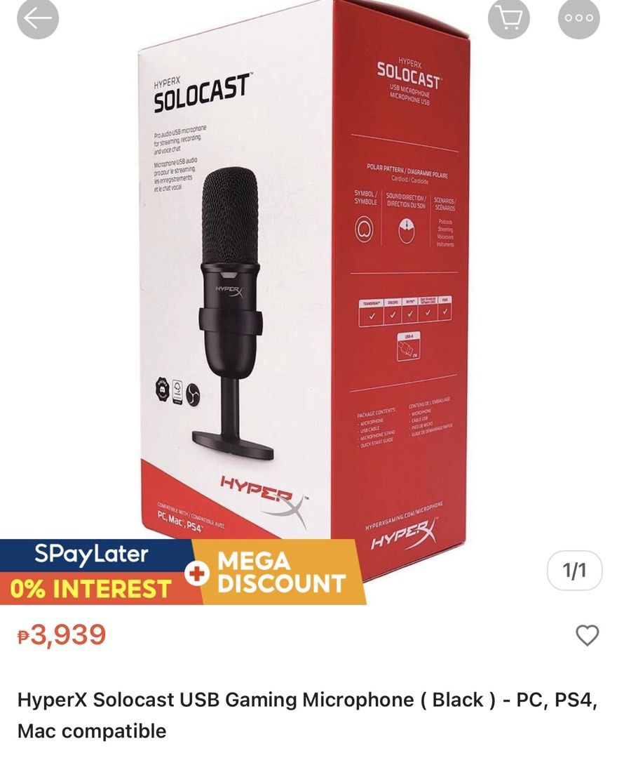 HyperX Solocast USB Gaming Microphone (Category: Other Accessories) located in Tanza. Submitted by iamxianpaul (Listing ID 1460482975, Image 2). Description: RUSH RUSH RUSH!!! For sale Almost Like New HyperX Solocast USB Gaming Microphone for only Php 900!!! Issues: No more stand and box Specifications Power supply: 5V/100mA (USB) Working current: 47mA USB Specification: USB 2.0 (full speed) Sampling rates: 48kHz, 44.1kHz, 32kHz, 16kHz,8kHz Bit-d