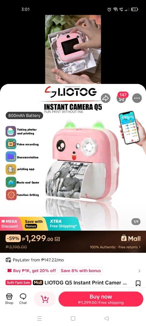Instant print camera (Category: Cameras) located in Manila. Submitted by luxbox3467 (Listing ID 1460361709, Image 1). Description: - Instant print camera, LIOTOG Q5 model - Adorable pink design - Prints photos instantly, no ink required - Features 800mAh battery - Supports video recording - Includes printing app and games - Easy to use for all ages - Sd card - Lanyard.