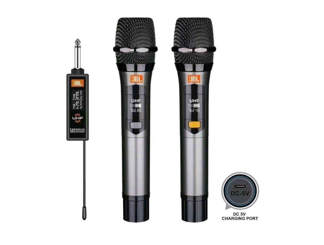 JBL 50S UHF Wireless Microphone Set with Receiver (Category: Microphones) located in Manila. Submitted by marvieobordo (Listing ID 1460328261, Image 2). Description: - JBL 50S Wireless Microphone Set - Includes: 2 Microphones, 1 Receiver - Comes with: Charging Cables, Extra Batteries - Accessories: Foam Windscreens, Adapters - Ideal for: Karaoke, Presentations - Technology: UHF for clear, reliable sound.