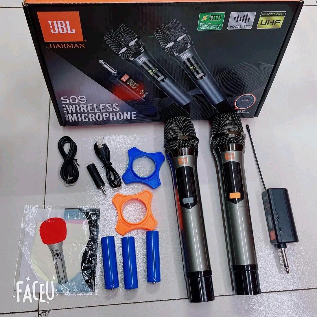 JBL 50S UHF Wireless Microphone Set with Receiver (Category: Microphones) located in Manila. Submitted by marvieobordo (Listing ID 1460328261, Image 3). Description: - JBL 50S Wireless Microphone Set - Includes: 2 Microphones, 1 Receiver - Comes with: Charging Cables, Extra Batteries - Accessories: Foam Windscreens, Adapters - Ideal for: Karaoke, Presentations - Technology: UHF for clear, reliable sound.