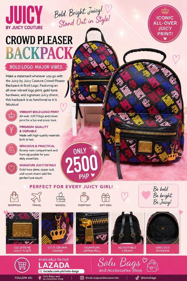 Juicy Couture Backpack (Category: Backpacks) located in Taguig. Submitted by mommasolu (Listing ID 1460370516, Image 1). Description: Juicy by Juicy Couture Backpack Brand New. Original and Authentic from 🇺🇸 Ready to ship via J&T or Laz Check out. *if Laz check out pls DM us to create a listing if its not available..