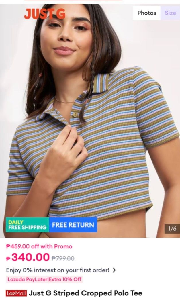 Just G Cropped Polo (Category: Blouses) located in Pasig City. Submitted by gaosorio17 (Listing ID 1460396746, Image 3). Description: - Just G Cropped Polo - Size S on tag but fits S-M - Cropped a bit high, above the belly button - Used only once.