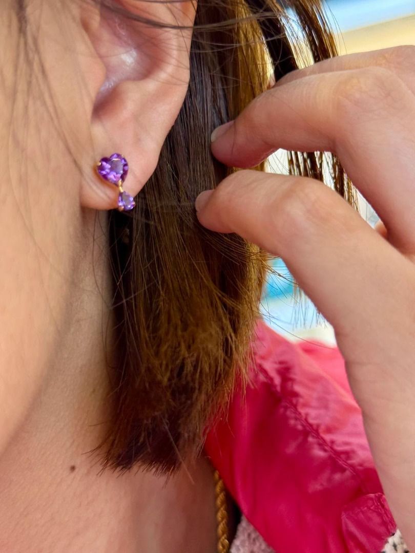 K18 Natural Amethyst Earrings (Category: Earrings) located in Baguio. Submitted by asna_taku (Listing ID 1460421950, Image 2). Description: 💜 A LITTLE PURPLE LUXURY, JUST FOR YOU 💜 Delicate yet unforgettable — these beautiful Natural Amethyst Earrings feature a romantic heart + pear-cut design, finished in genuine K18 Japan Gold. ✨ The deep purple amethyst catches the light beautifully, giving every movement a soft, elegant sparkle. Perfect for