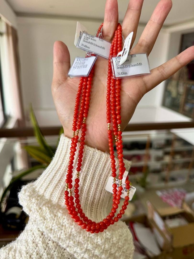 K18 NATURAL CORAL NECKLACE (Category: Necklaces) located in Baguio. Submitted by asna_taku (Listing ID 1460410945, Image 3). Description: 🇯🇵 NEW FROM JAPAN — NATURAL CORAL NECKLACE ❤️ A timeless classic in a beautiful, vibrant red! ✨ This natural coral necklace features petite round beads with lovely, even color and a delicate K18 gold accent and clasp. Perfect worn alone for an elegant, refined look—or layered with your other gold pieces for a