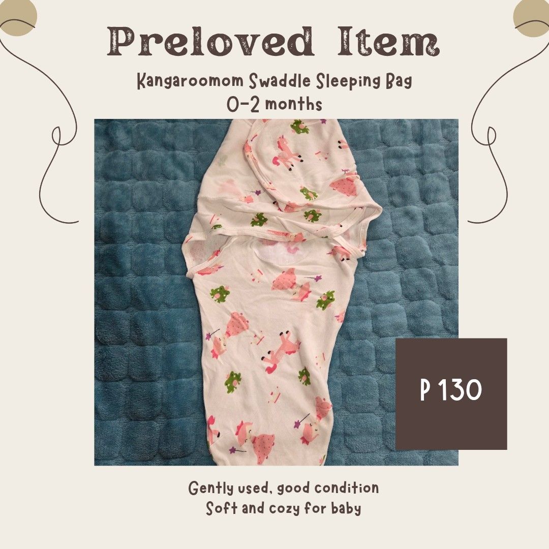 Kangaroomom Swaddle Sleeping Bag 0-2 Months (Category: Babies & Kids Fashion) located in Quezon City. Submitted by wear_me_again (Listing ID 1460464122, Image 1). Description: - Kangaroomom Swaddle Sleeping Bag - Suitable for babies aged 0-2 months - Adorable unicorn and frog print - Made with soft and cozy material - Ensures baby stays snug and secure.