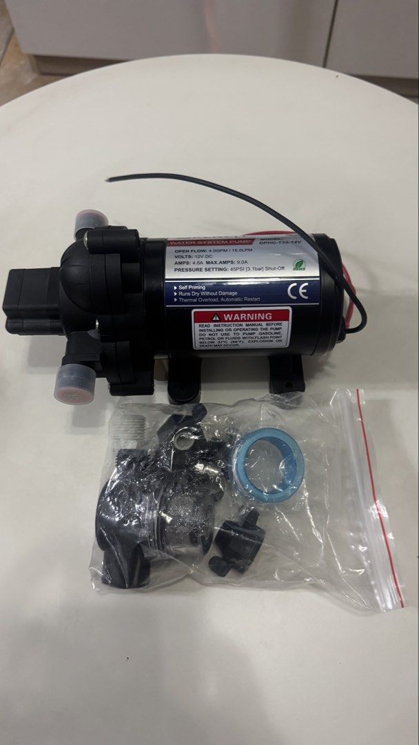 KENCIT: Automatic On-Demand Diaphragm Pump (Category: Hose and Watering Devices) located in Manila. Submitted by _Fonso (Listing ID 1460418733, Image 1). Description: BRAND NEW / FROM USA - Brand : KENCIT - Color : Black - Material : Metal - Style : 12Vdc, 4.0GPM, 45PSI Product - Dimensions - 8.4”L × 5.2”W × 4.9”H • Built-in pressure switch automatically starts and stops pump instantaneously when discharge valve opens and closes. • Can run dry fo