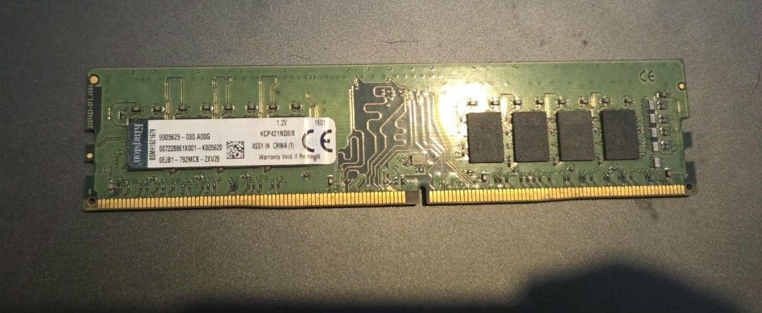Kingston DDR4 RAM Module KCP421ND8/8 (Category: Computer Parts) located in Valenzuela. Submitted by frances_v (Listing ID 1460440523, Image 1). Description: - Kingston DDR4 RAM Module - Capacity: 8GB (Single Stick) - Voltage: 1.2V - Model: KCP421ND8/8 - Part Number: 9905625-030.A00G - Assembled in: China.