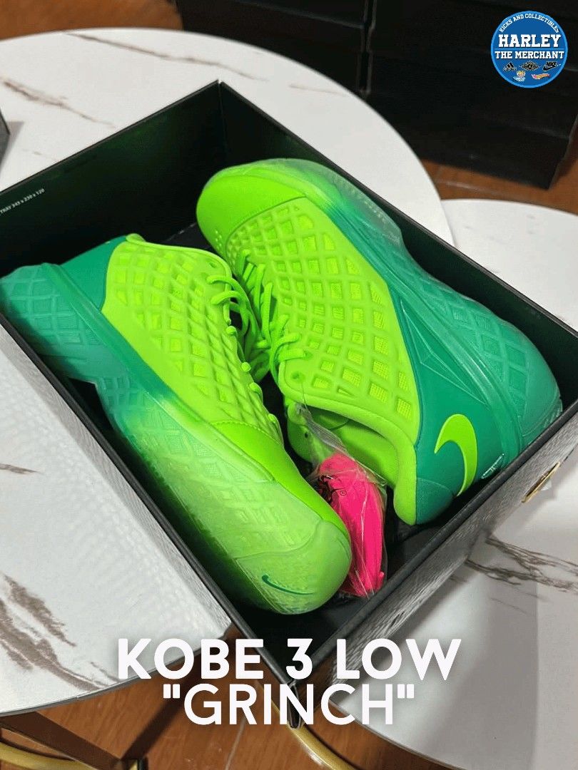 Kobe 3 Low Grinch (Category: Sneakers) located in Marikina City. Submitted by tm_harley (Listing ID 1460369377, Image 1). Description: 🚨Kobe 3 Low "Grinch" Size 9 / 9.5 / 10 / 10.5 / 11 / 12 Men's 💸11,995 pesos each!! Send a DM for inquiries 📩 FB: Harley Villa FB Page: The Merchant - Kicks and Collectibles 📌Marikina City Location.