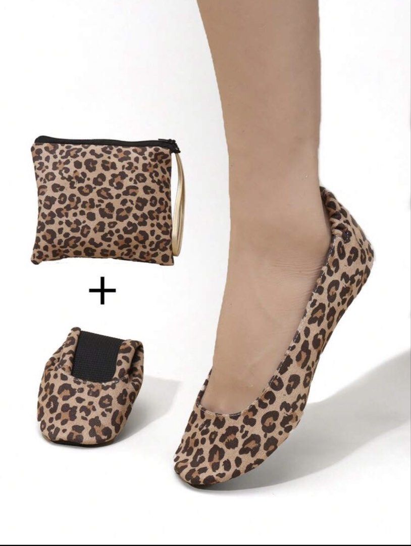 Leopard Print Foldable Flats with Pouch (Category: Flats & Sandals) located in Iloilo. Submitted by dabyladaby2 (Listing ID 1460434834, Image 1). Description: - Cute leopard print foldable flats - Comes with a matching pouch for storage - Pouch has a small strap - Easy to slip on and off - Ideal for keeping in your bag for comfort breaks - Perfect for travel or emergency situations -best for 22.5cm feet -not for long walks/ outsole is thin.