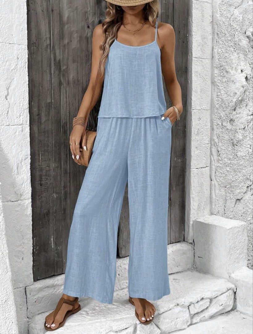 Light Blue Spaghetti Strap Wide Leg Pants (Category: Sets or Coordinates) located in Iloilo. Submitted by dabyladaby2 (Listing ID 1460325586, Image 1). Description: - Comfy light blue 2 pcs coordinates - Wide leg design - Spaghetti strap top - Ideal for warm weather - Includes pockets! - Perfect for casual outings or lounging - Easy to wear and style - waist 23.6-37 in garterized, hip 39.4 in, length 39 in.