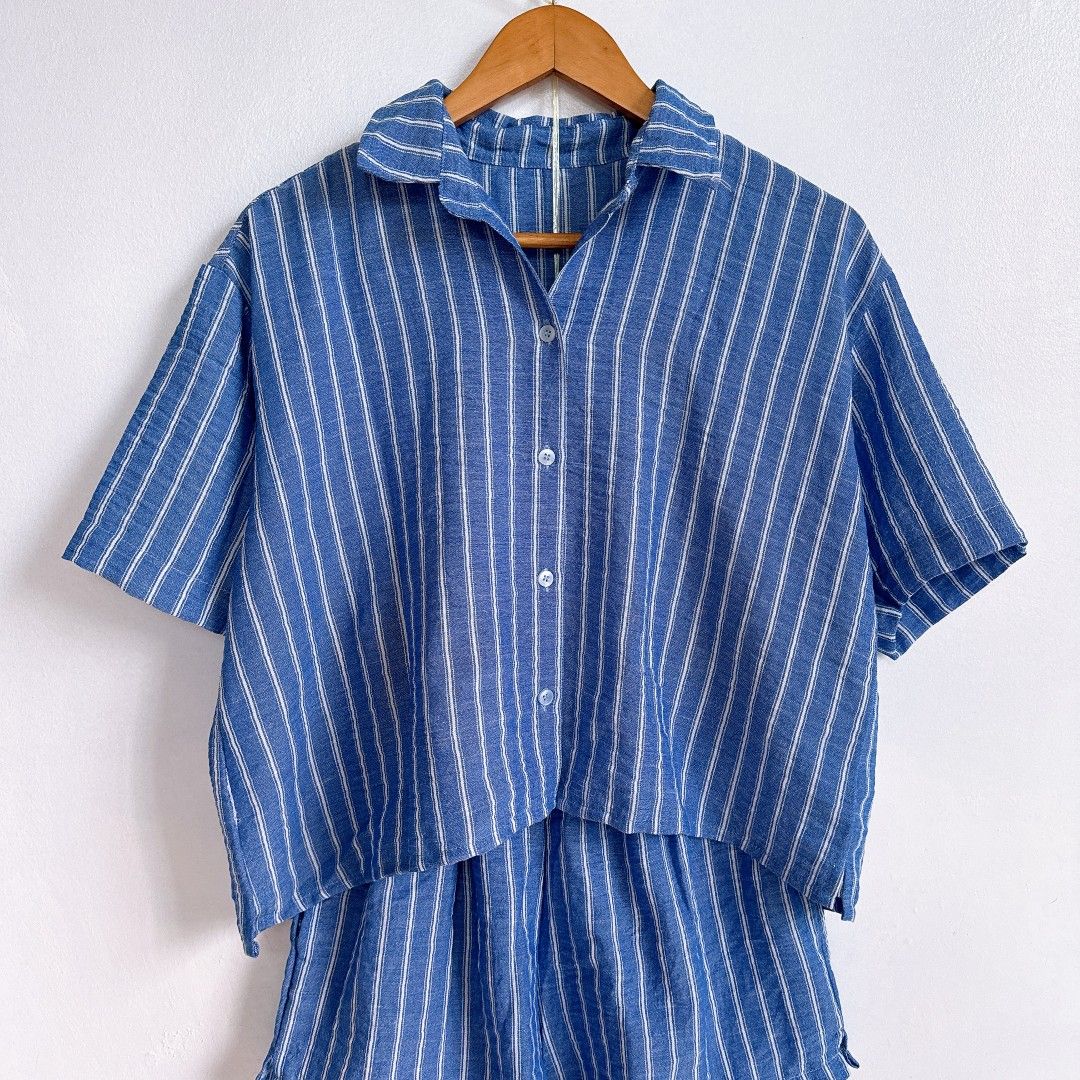 Linen Blue Stripes Set (Category: Sets or Coordinates) located in Manila. Submitted by withlovesam (Listing ID 1460355257, Image 3). Description: HQ from bangkok freesize fully garterized waistline soo pretty!!.