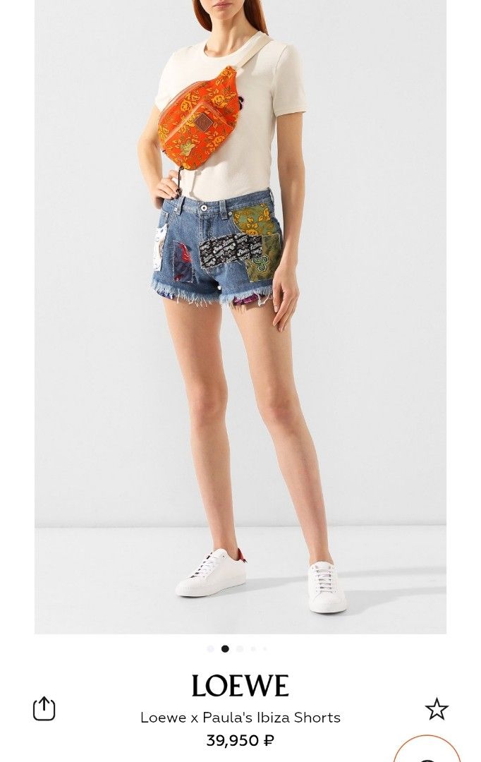 LOEWE Patchwork Denim Shorts (Category: Shorts) located in Santa Rosa. Submitted by y2kstylist (Listing ID 1460363771, Image 1). Description: - LOEWE denim shorts - Unique patchwork fabric details - Frayed hem - Made in Italy - Perfect for a statement look size 27 authentic last price na Loewe engraved lahat ng button.