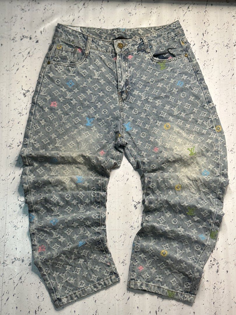 Louis Vuitton Monogram Denim Jeans (Category: Jeans) located in Manila. Submitted by gonthrifting (Listing ID 1460383772, Image 1). Description: Lv denim pants all over print Dimes: 32x40 hem 7 Issue? Needs wash only Design is mud wash .