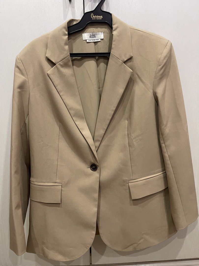 Love, Bonito Beige Single Button Blazer (Category: Coats, Jackets and Outerwear) located in Paranaque City. Submitted by chubby.bunny (Listing ID 1460484973, Image 1). Description: Love Bonito Blazer 🤎 Bought this in Hong Kong. Used once only and still in very good condition. Selling because it’s too long for me. - Classic beige blazer - Brand: Love, Bonito - Single button closure - Two side flap pockets - Versatile for work or casual outfits .