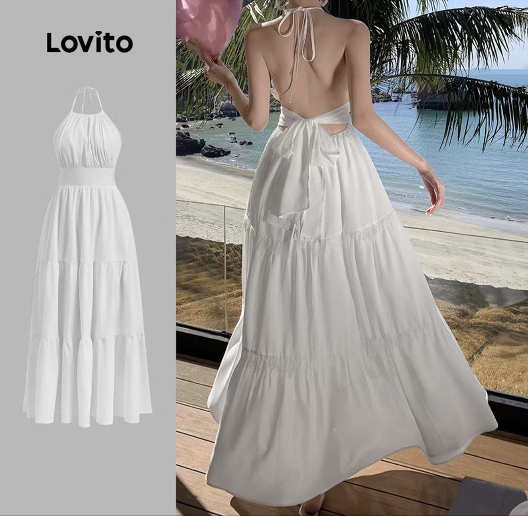 Lovito White Halter Tiered Maxi Dress (M) — Worn Once (Category: Dresses) located in Valenzuela. Submitted by vodkaoatmeal (Listing ID 1460386321, Image 2). Description: Worn once for about 2–3 hours, washed right after. No stains, no tears, no missing ties. Selling only because it’s too big on me. Details: • Halter neckline with tie, open back with bow tie • Shirred/stretch waist band • Tiered flowy skirt, non-sheer, lightweight — perfect beach 