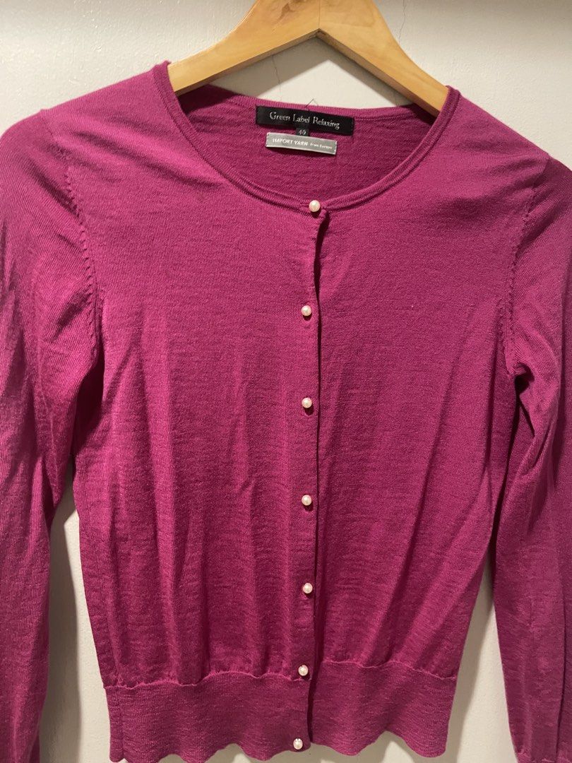 Magenta knit 100% wool cardigan (Category: Coats, Jackets and Outerwear) located in Quezon City. Submitted by booktt (Listing ID 1460458816, Image 3). Description: - 100% wool - magenta fine-knit crew-neck cardigan from Green Label Relaxing featuring classic pearl-like button closures.