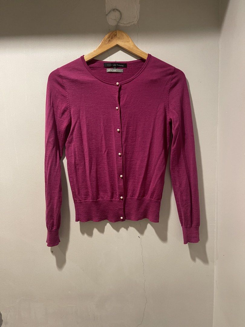 Magenta knit 100% wool cardigan (Category: Coats, Jackets and Outerwear) located in Quezon City. Submitted by booktt (Listing ID 1460458816, Image 2). Description: - 100% wool - magenta fine-knit crew-neck cardigan from Green Label Relaxing featuring classic pearl-like button closures.