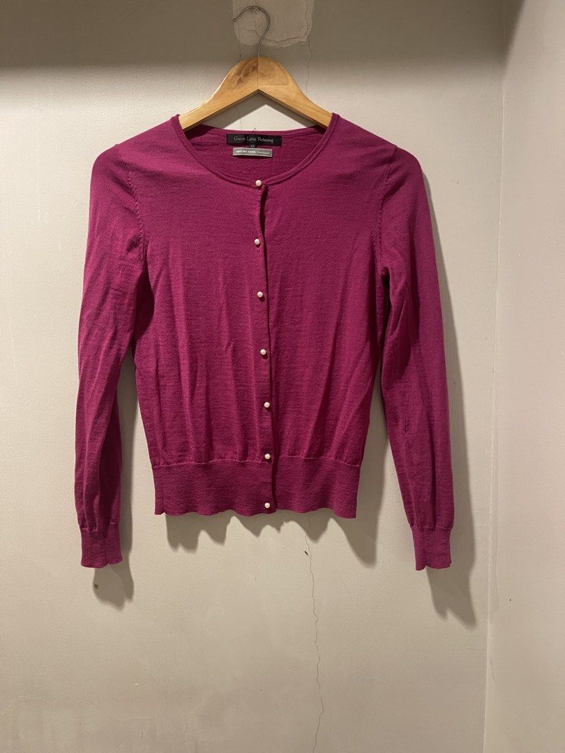 Magenta knit 100% wool cardigan (Category: Coats, Jackets and Outerwear) located in Quezon City. Submitted by booktt (Listing ID 1460458816, Image 1). Description: - 100% wool - magenta fine-knit crew-neck cardigan from Green Label Relaxing featuring classic pearl-like button closures.