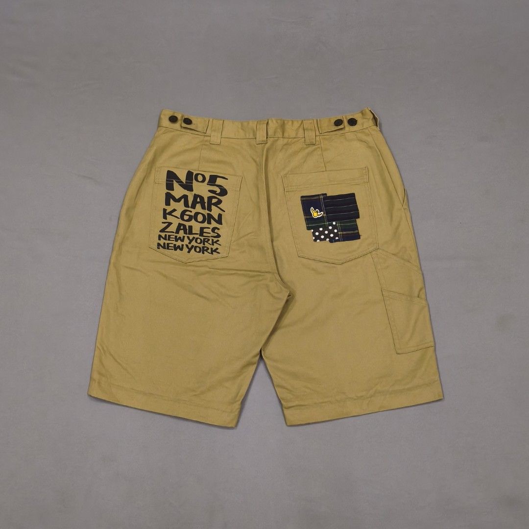 Mark Gonzales Patchwork Utility Shorts (Category: Shorts) located in Cebu City. Submitted by greedthrift.00 (Listing ID 1460455764, Image 1). Description: - condition: 9.8/10 - color rate: 9.8/10 - Issue: see last pic (replaceable) - waistline: 34" can fit 32-34 (adjustable) - length: 23" - leg opening: 11".
