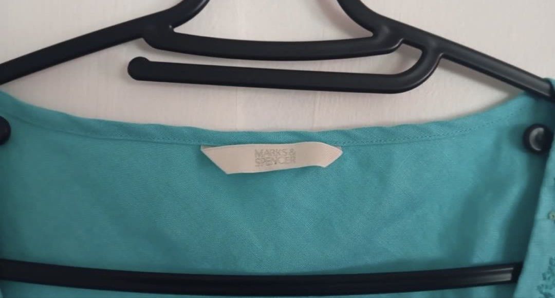 Marks & Spencers Turquoise Beaded Top (Category: Sleeveless) located in Manila. Submitted by secondsbyem (Listing ID 1460380831, Image 3). Description: Fabric: Linen Size: B34 | L23 Details: V-neckline with beaded embellishments. A beaded band cinches the waist. tags: teal , turquoise, cyan .