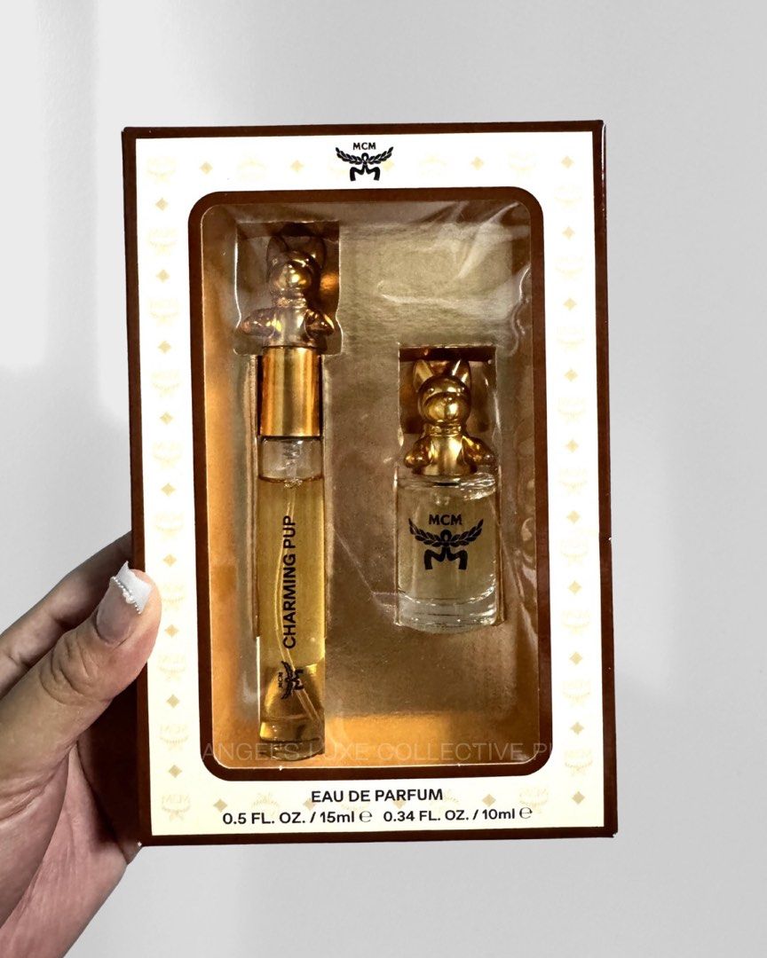 MCM Eau de Parfum Set - Charming Pup (Category: Fragrance & Deodorants) located in Pasig City. Submitted by lykaloves (Listing ID 1460306558, Image 1). Description: - 100% Authentic MCM Eau de Parfum set 𝐌𝐂𝐌 𝐂𝐡𝐚𝐫𝐦𝐢𝐧𝐠 𝐏𝐮𝐩 𝐄𝐚𝐮 𝐝𝐞 𝐏𝐚𝐫𝐟𝐮𝐦 𝐒𝐞𝐭 This Set Contains: - 0.33 oz/ 10 mL Charming Pup Miniature Eau de Parfume - 0.5 oz/ 15 mL Charming Pup Travel-Size Eau de Parfume.