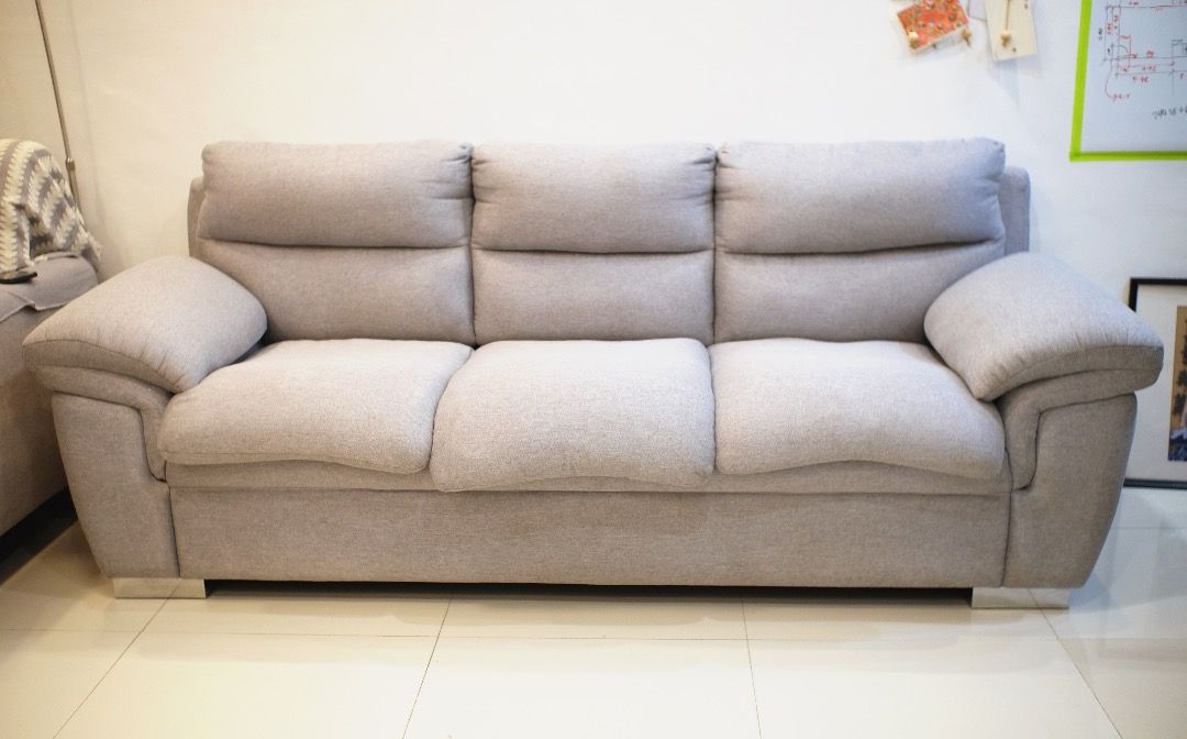 MF 3-Seater Reno Sofa with Ottoman (Category: Sofas) located in Caloocan City. Submitted by marodeguzm20871 (Listing ID 1459134073, Image 2). Description: Mandaue Foam Reno 3 seater sofa - Bought last Oct 2023 - Light grey fabric - Very comfortable, plush foam, removable cover for seating foams - Includes a matching ottoman - Ample seating space for 3-4 people - Ideal for living rooms or lounges - Seller is the owner, very well taken care of, reg