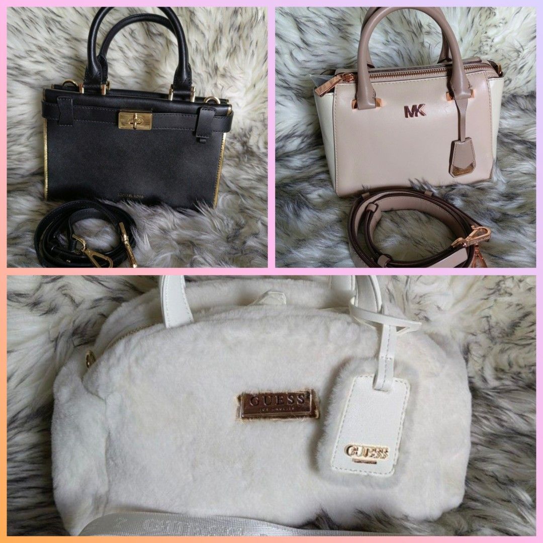 Michael Kors and Guess (Category: Cross-body Bags) located in Bulacan. Submitted by shoppevie_mkg (Listing ID 1460378054, Image 1). Description: authentic michael krs MK and Guess bag 2k each MK like new condition, no flaws only signs of wear. Gueess fur bag is brandnew message for addn'l photo.