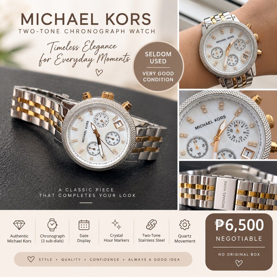 Michael Kors Two-Tone Chronograph Watch (Category: Luxury Watches) located in Manila. Submitted by vineshrubs75 (Listing ID 1460325340, Image 1). Description: - Like new Michael Kors chronograph watch -Mother pearl color - Two-tone stainless steel case and bracelet - Crystal hour markers for a touch of sparkle - Features a date display - Reliable quartz movement - A classic, versatile accessory to elevate any outfit - Price is negotiable - Please