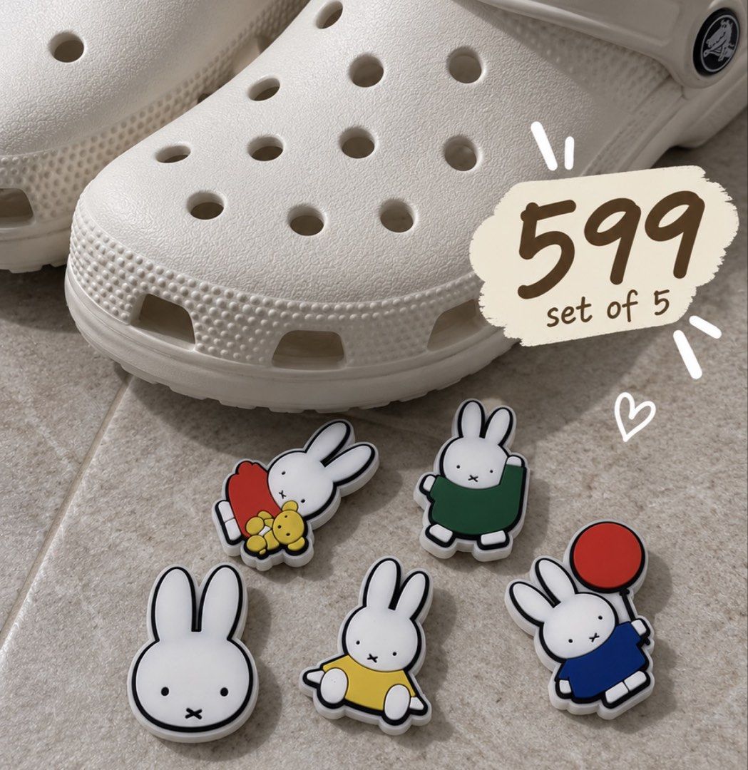 Miffy Crocs Jibbitz brand new (Category: Charms) located in Paranaque City. Submitted by soduhwhatever (Listing ID 1460417783, Image 1). Description: - Set of 5 cute Miffy charms for your Crocs. - Features 5 different Miffy designs. - Easily attach and remove to personalize your shoes. - A must-have for any Miffy enthusiast! - ready to ship.