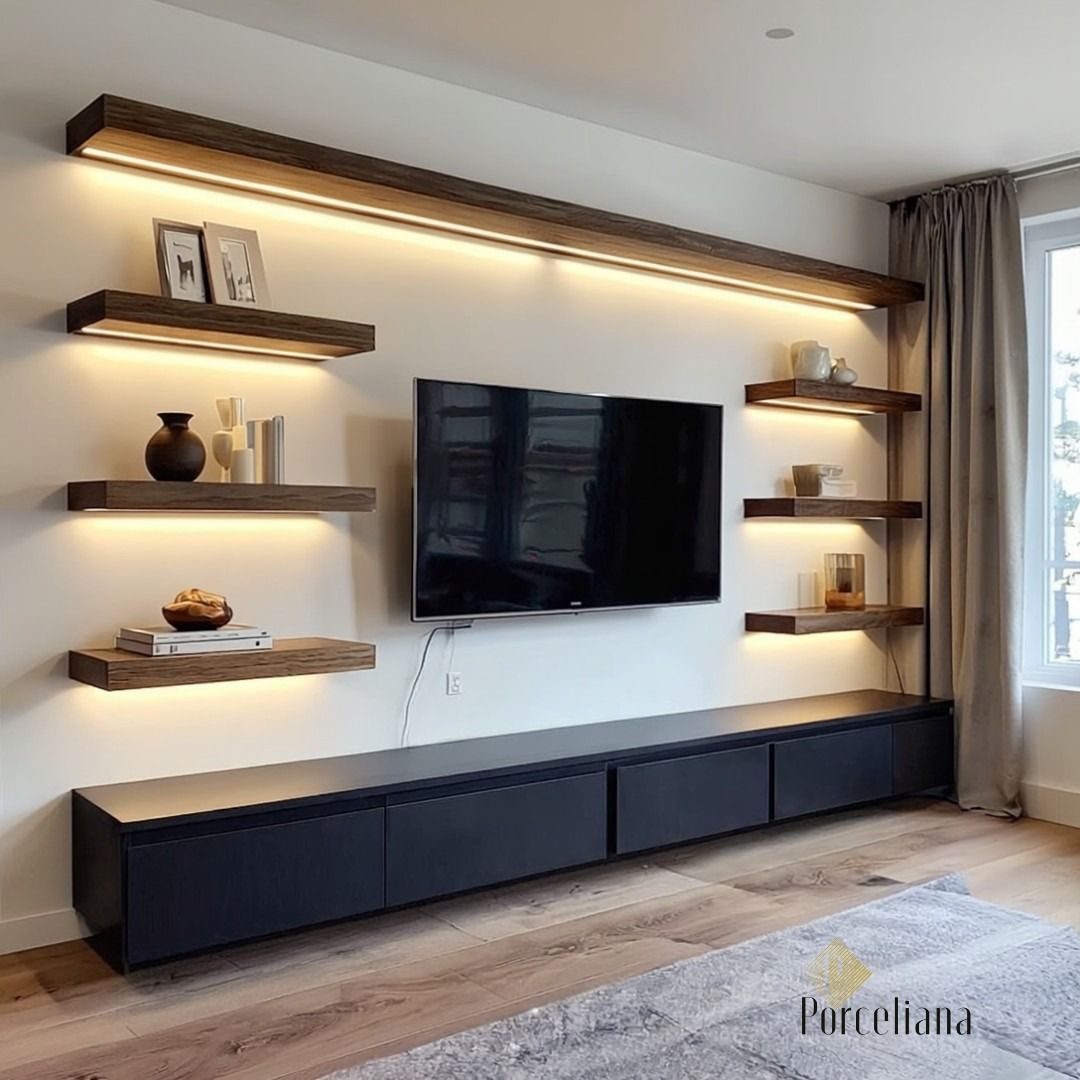 Modern Floating Shelves and TV Console with LED Lighting (Category: TV Consoles) located in Caloocan City. Submitted by blessed0fnature (Listing ID 1460472625, Image 1). Description: - Sleek dark grey wall-mounted TV console - Multiple dark wood finish floating shelves - Integrated LED lighting for warm ambiance - Ample storage with cabinet doors - Modern design, perfect for any living room.